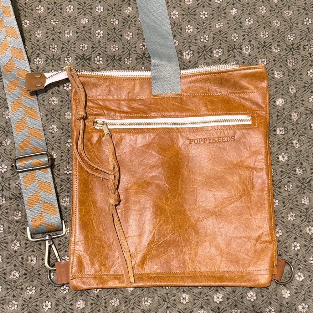 Poppyseeds Handmade Tan Leather Crossbody Bag Decorative Strap